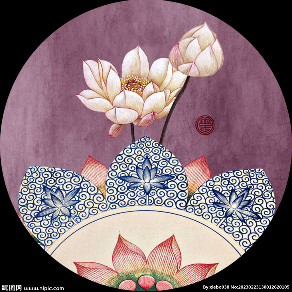 水彩莲花中式圆形挂画装饰画