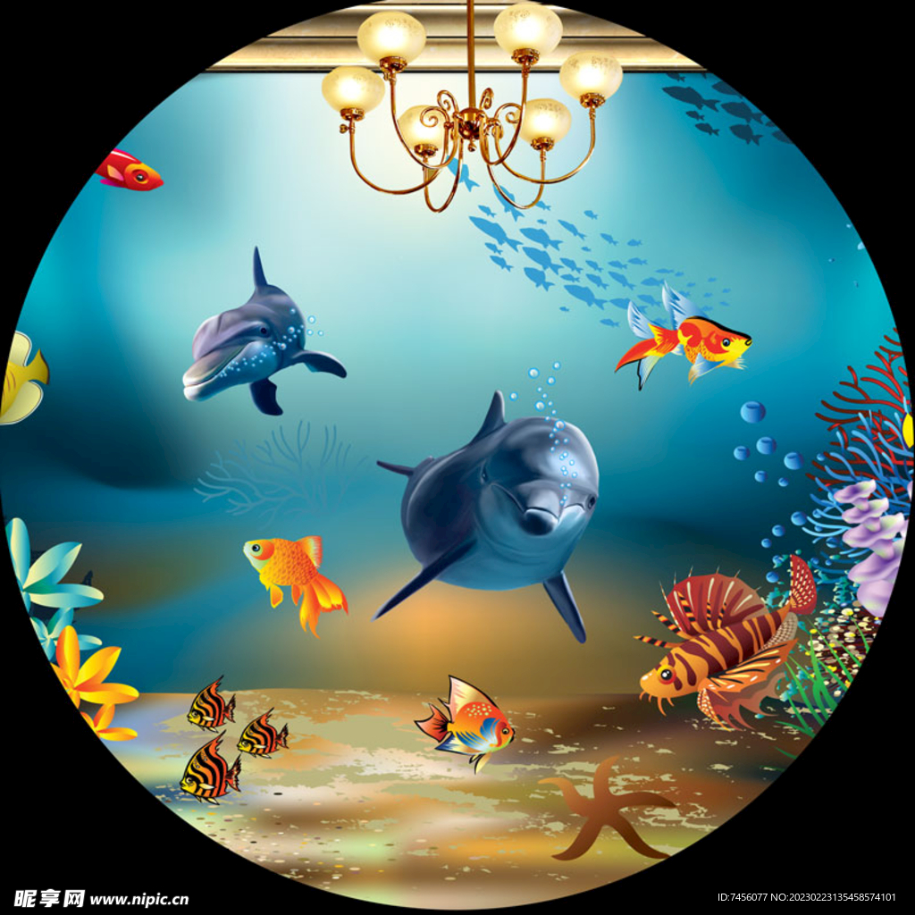 海景海豚圆形挂画装饰画