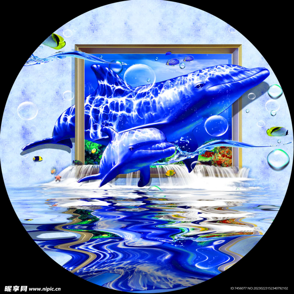 海豚海景圆形挂画装饰画