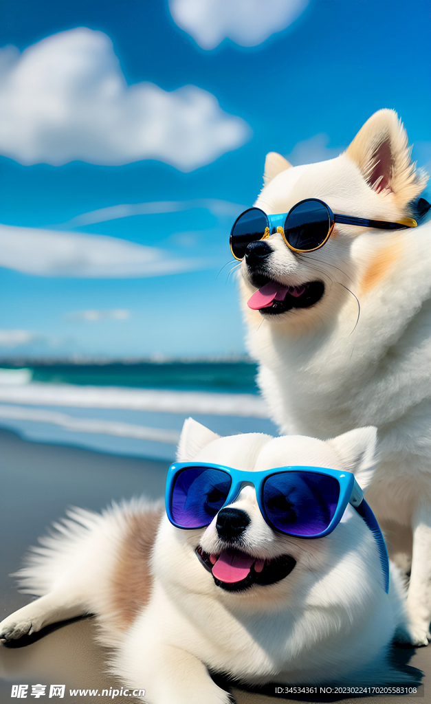 海滩上晒太阳的博美犬