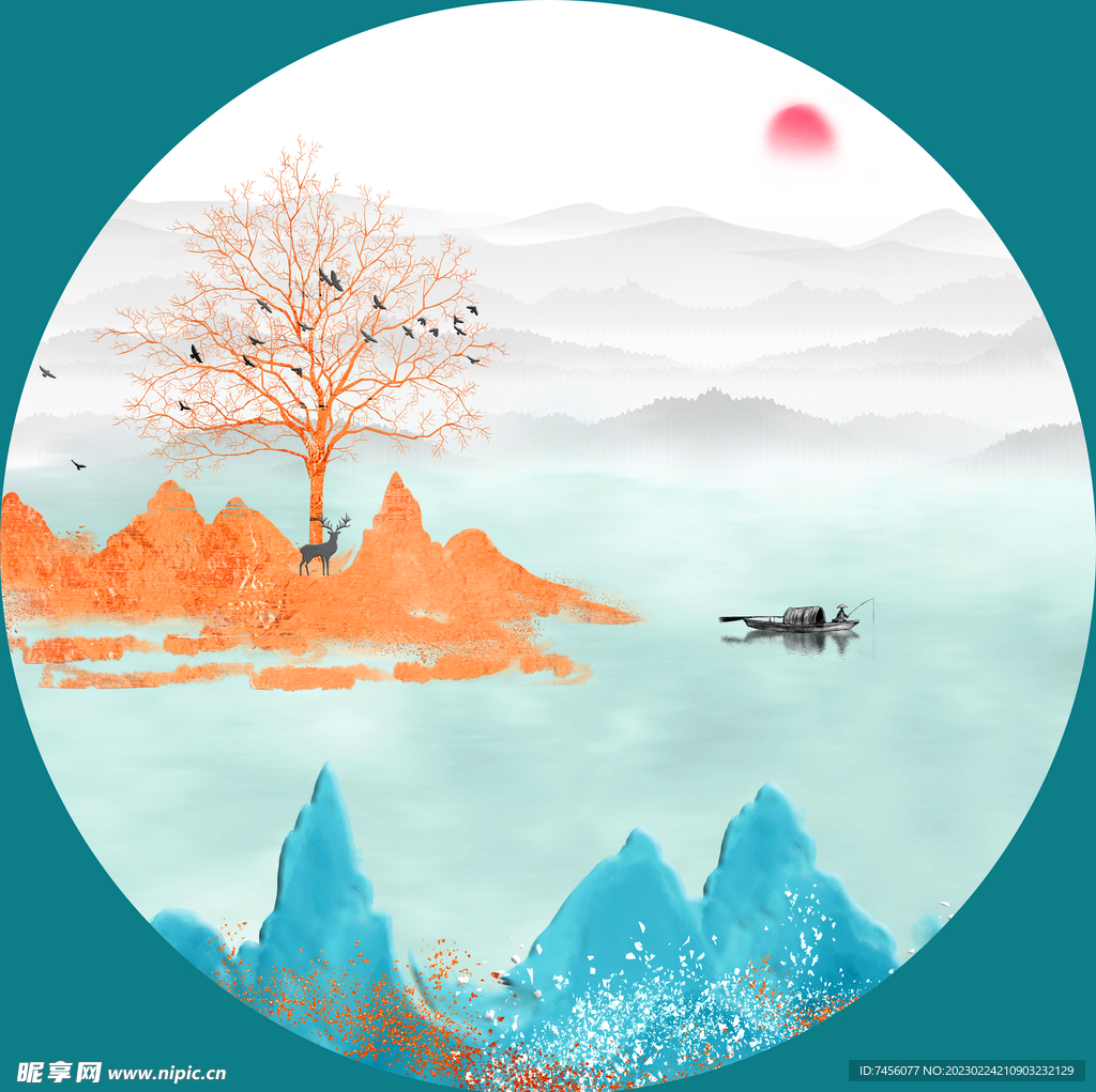 湖泊山脉水墨圆形挂画装饰画