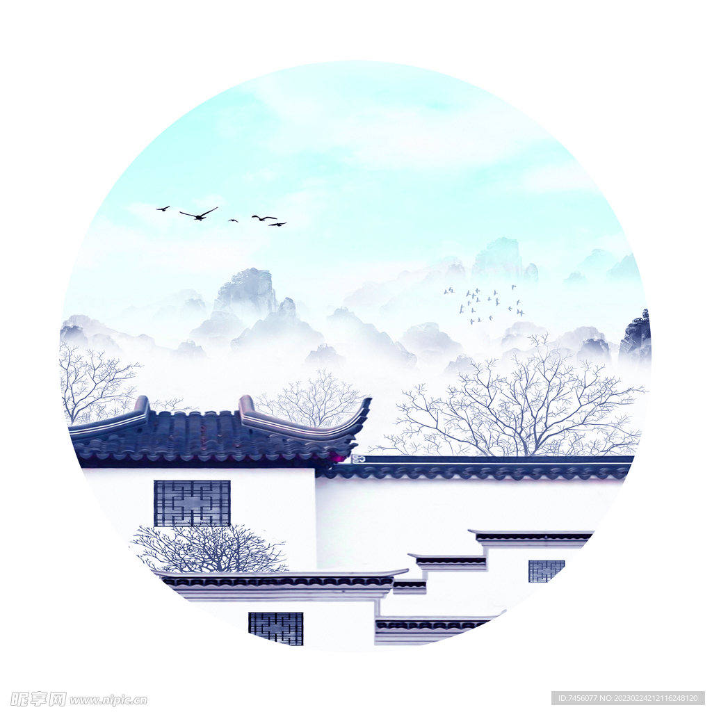 中式房子圆形挂画装饰画