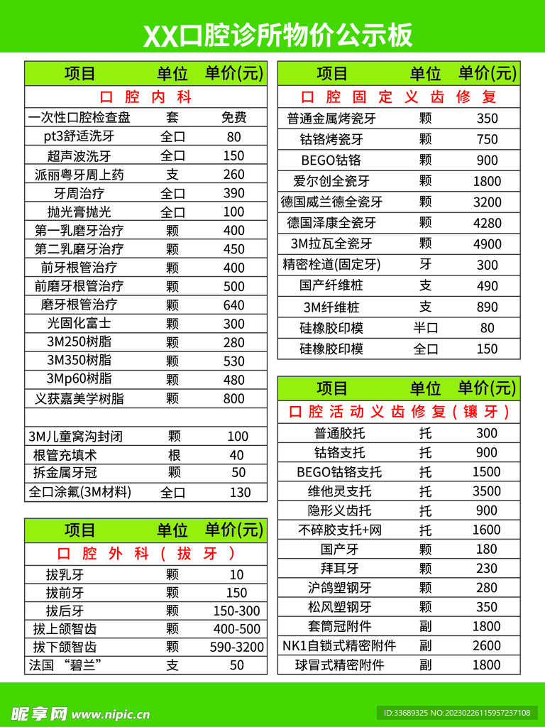 口腔诊所物价公示