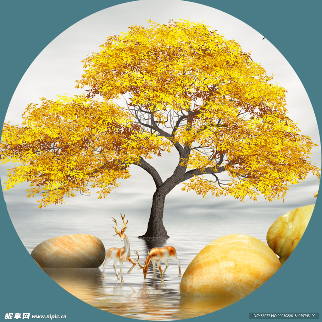 麋鹿发财树圆形挂画装饰画