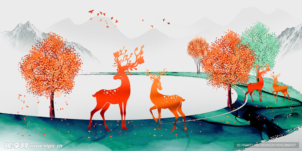 麋鹿水彩树艺术挂画装饰画