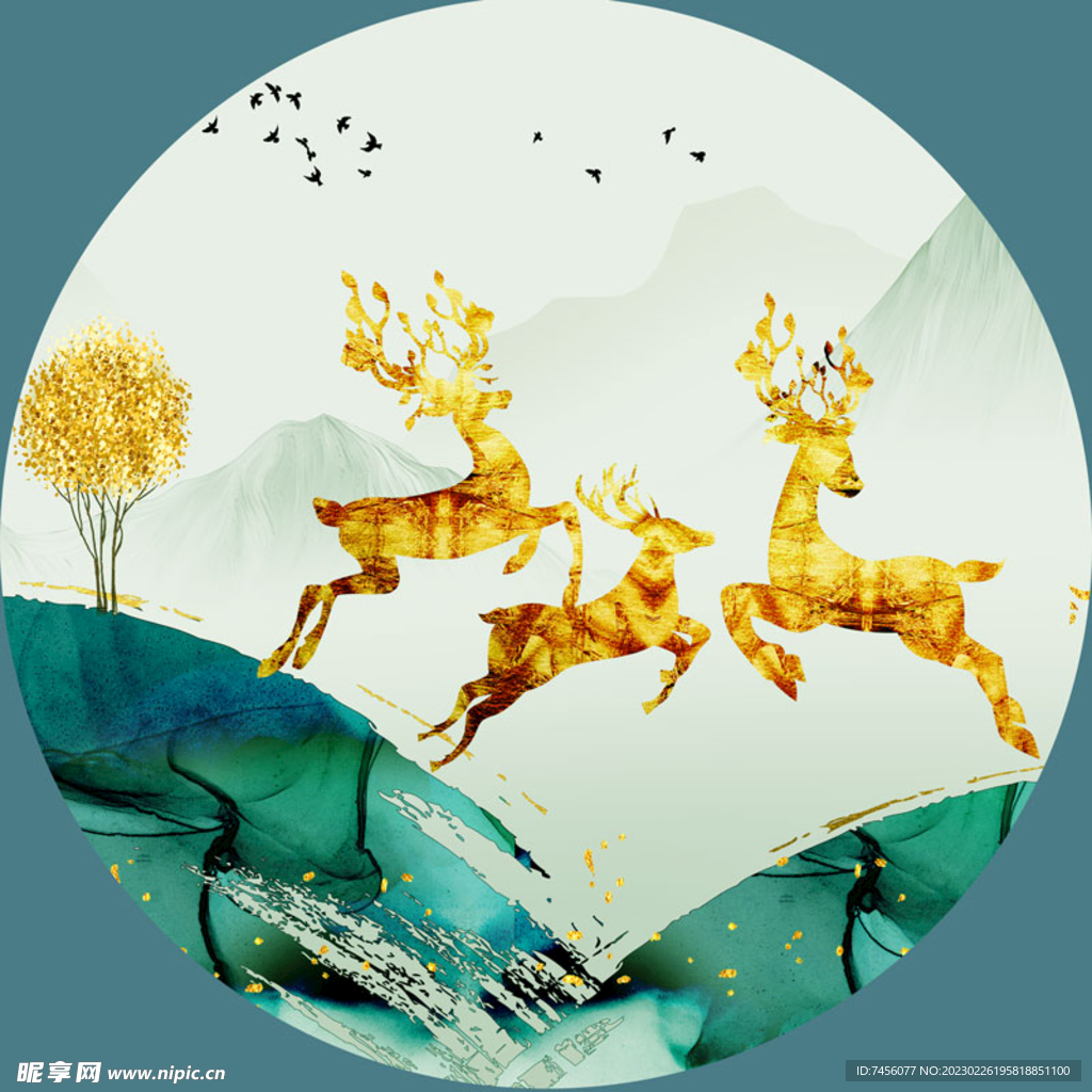 麋鹿水彩圆形挂画装饰画