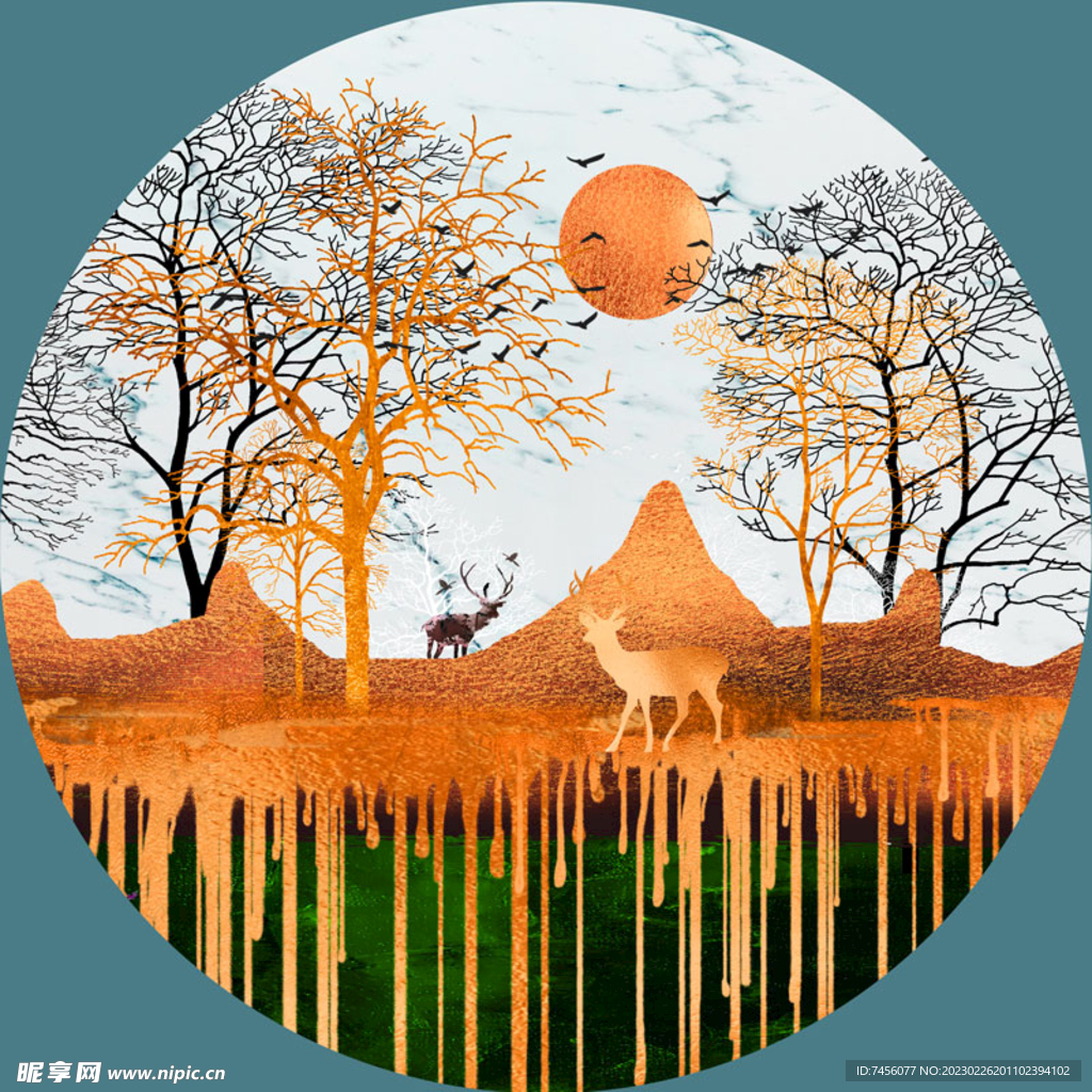 树林麋鹿中式风景画圆形挂画