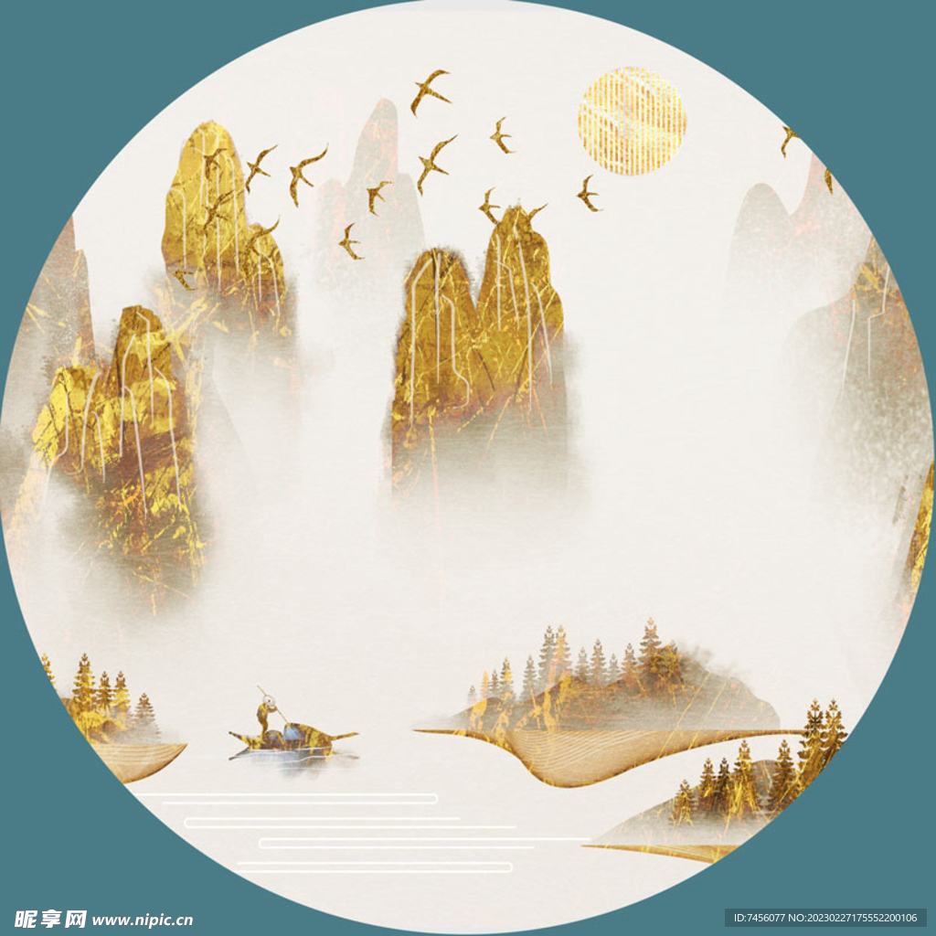 金箔山脉湖畔圆形挂画装饰画