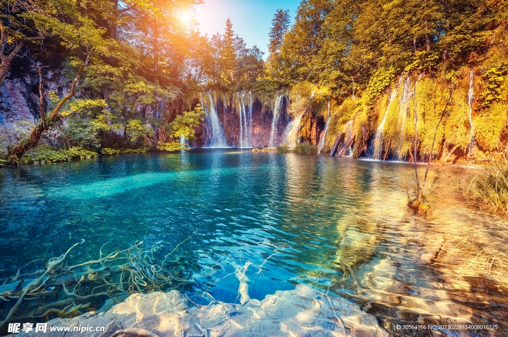 森林瀑布湖面