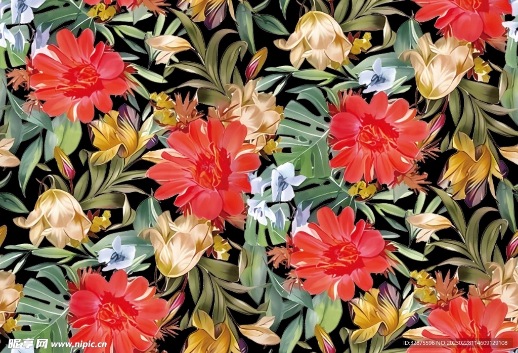 热带花 树叶 手绘花