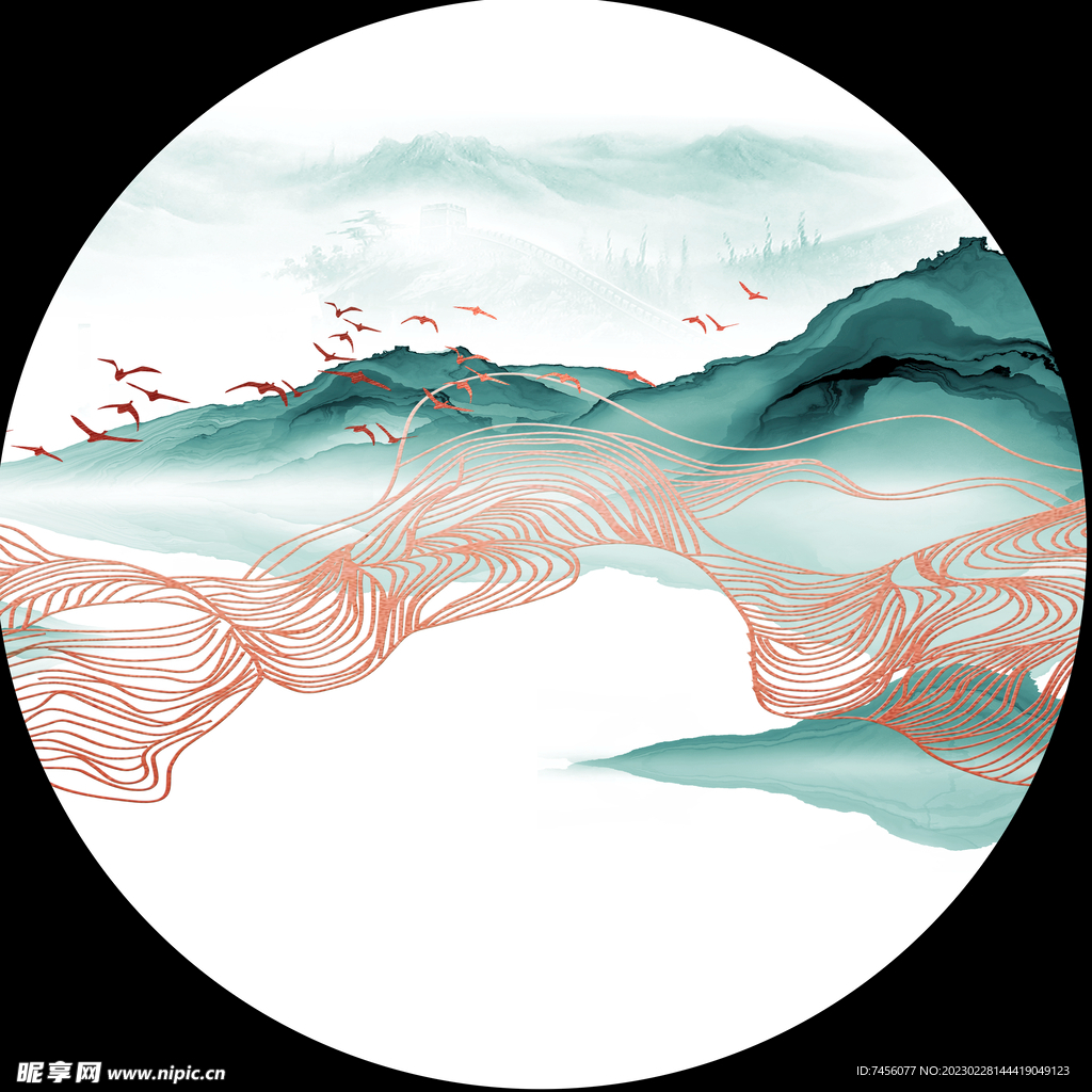 水墨山脉飞鸟圆形挂画装饰画