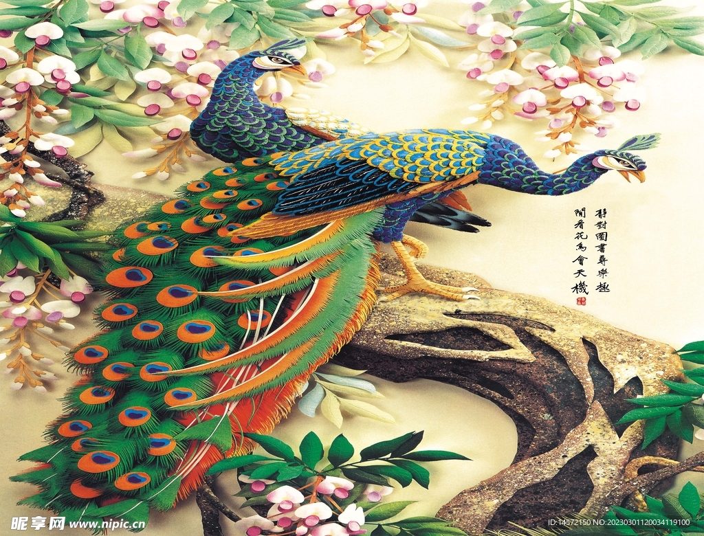 中式孔雀花鸟图壁画