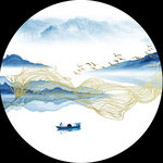 水墨山脉湖畔美景圆形挂画装饰画