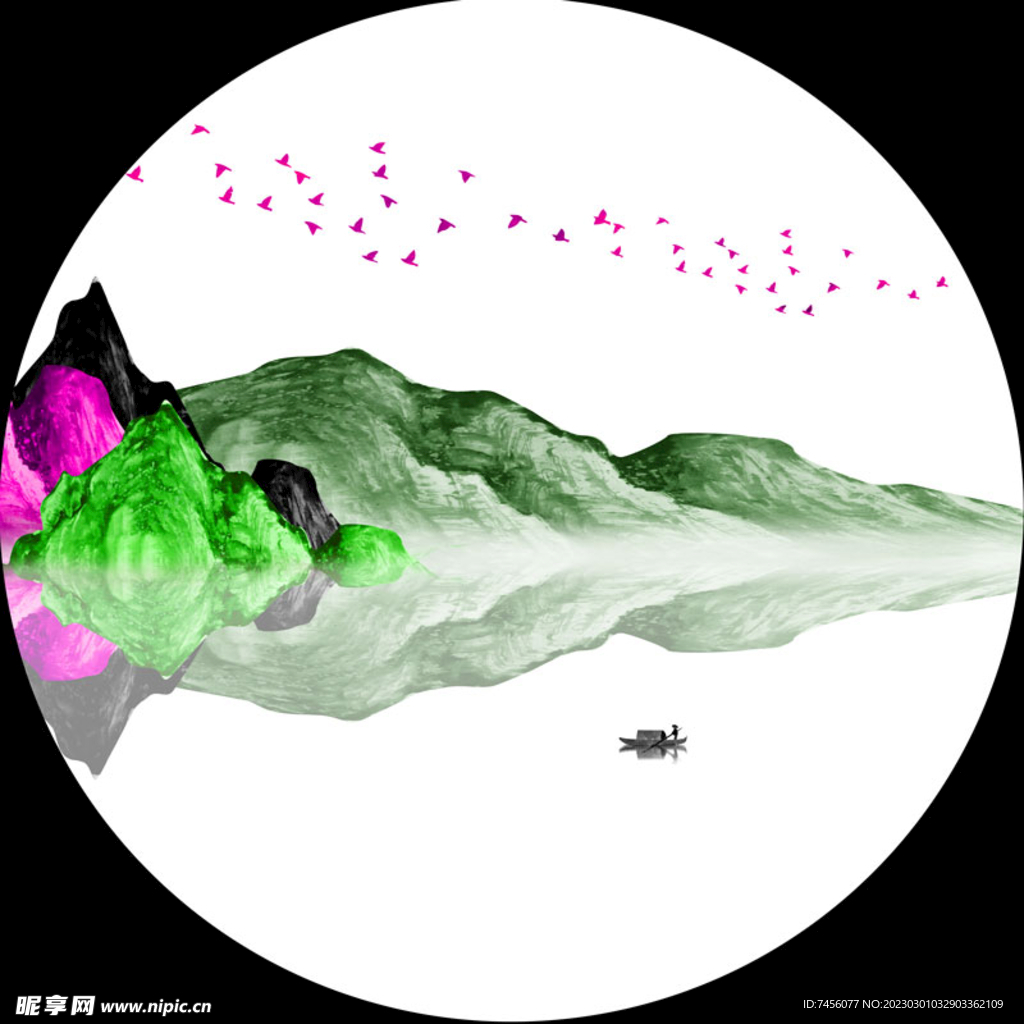 水彩山脉湖畔圆形挂画装饰画