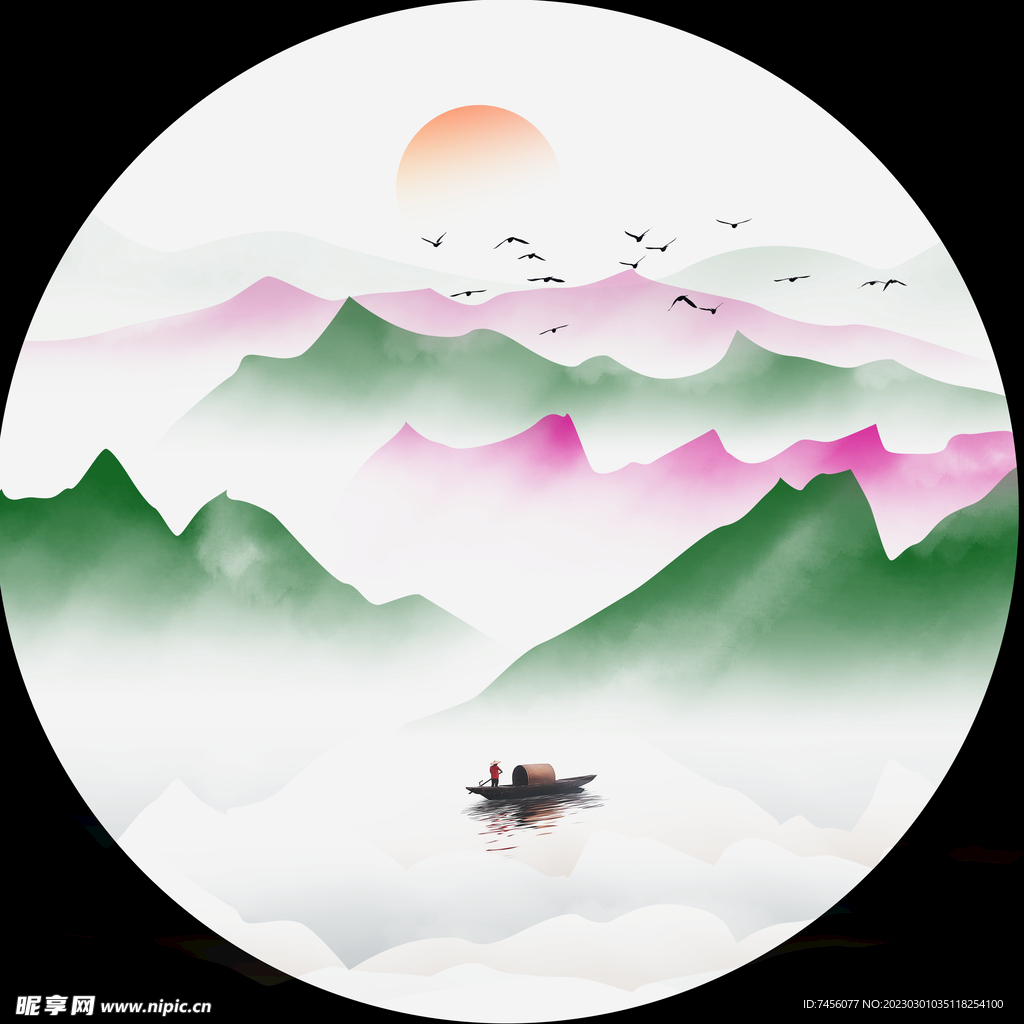 水墨山脉湖畔圆形挂画装饰画