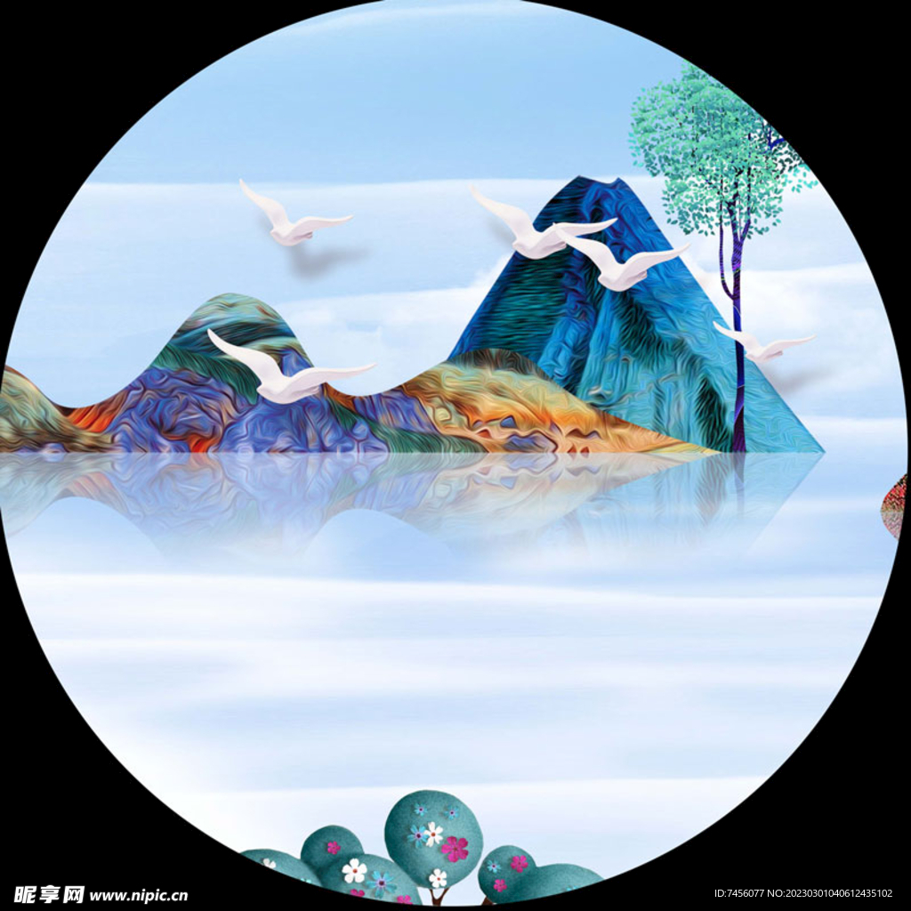水墨山脉湖畔圆形挂画装饰画