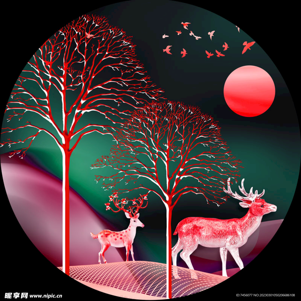 水彩树麋鹿圆形挂画装饰画