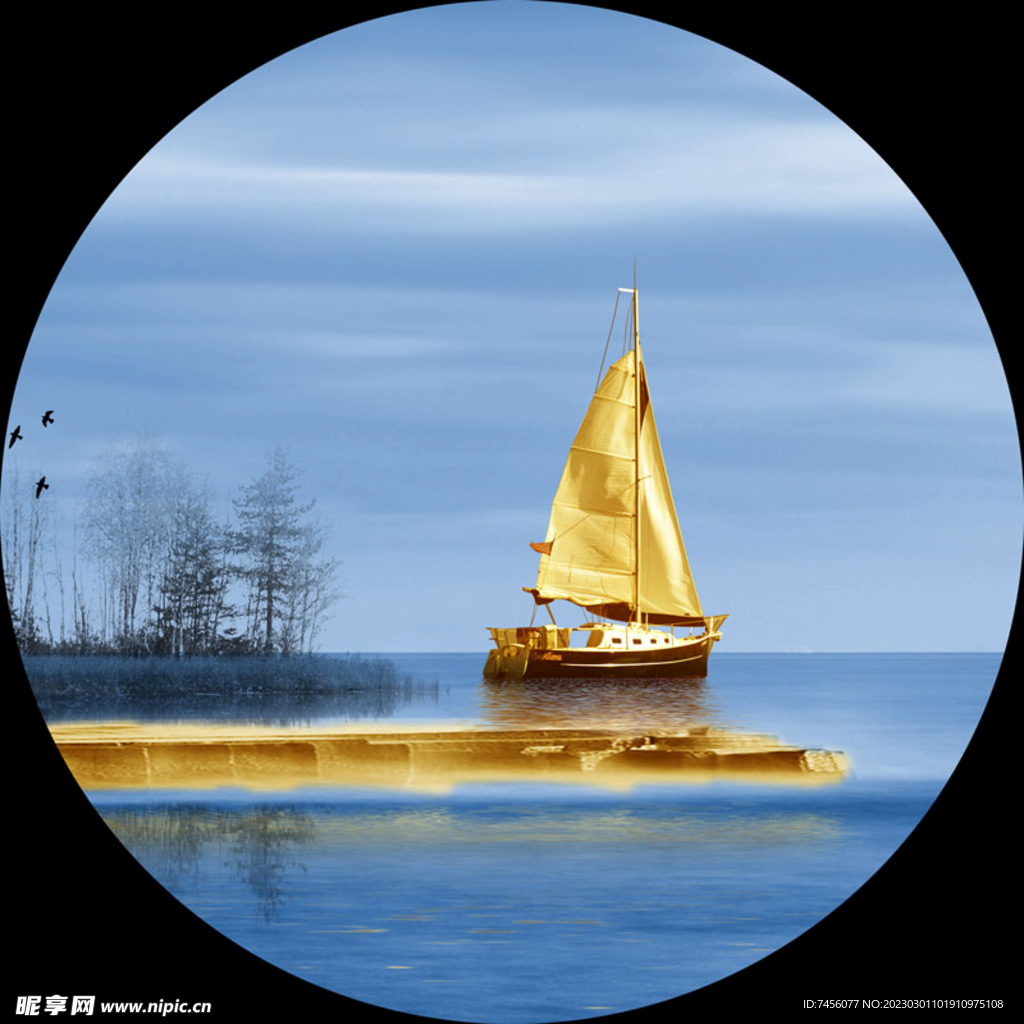 金色帆船湖泊唯美圆形挂画装饰画