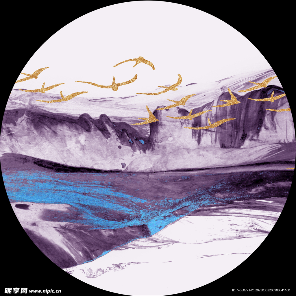 飞鸟山崖唯美圆形挂画装饰画