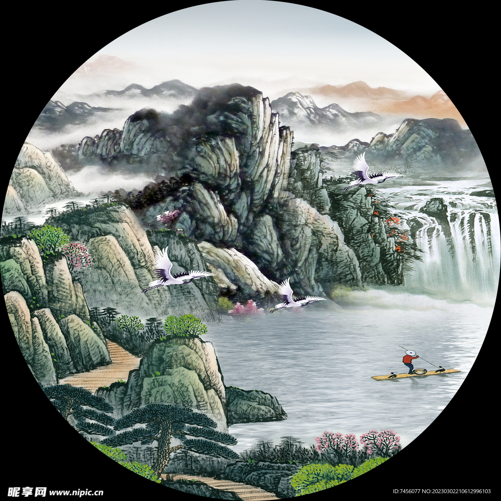 水墨湖畔山脉中式圆形挂画装饰画