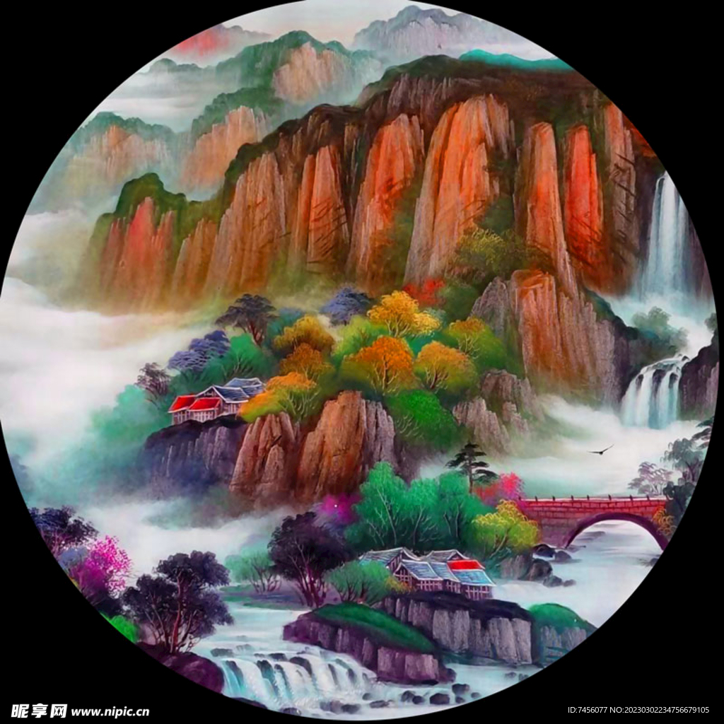 水彩山脉巍峨山脉圆形挂画装饰画