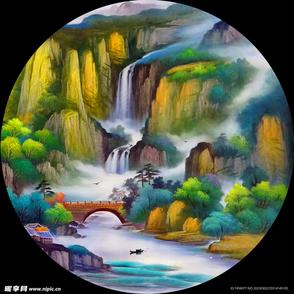 流水湖畔山脉圆形挂画装饰画