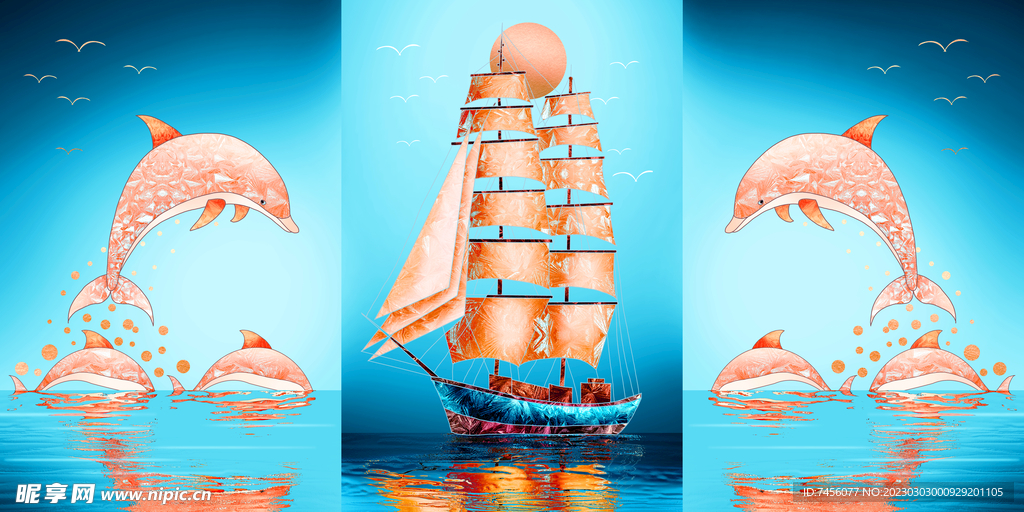 金色帆船海豚海景三联画