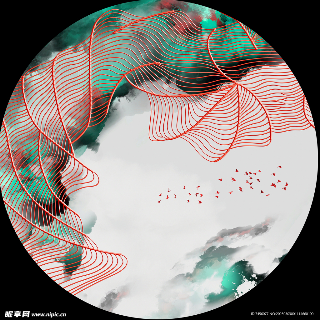 水墨山脉简约圆形挂画装饰画