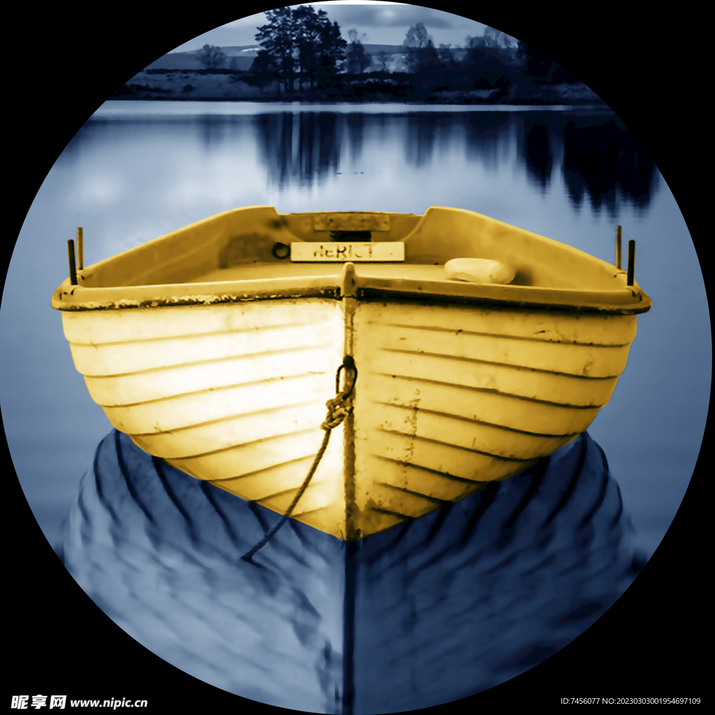 湖畔木船高清圆形挂画装饰画