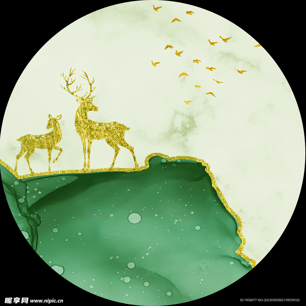 水彩麋鹿山脉圆形挂画装饰画