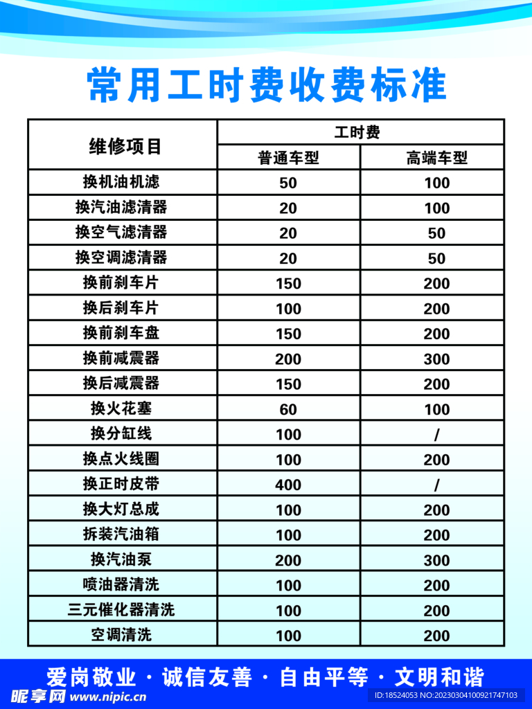 修车工时收费标准