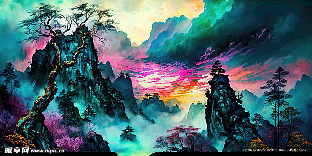 水彩迷幻山水画