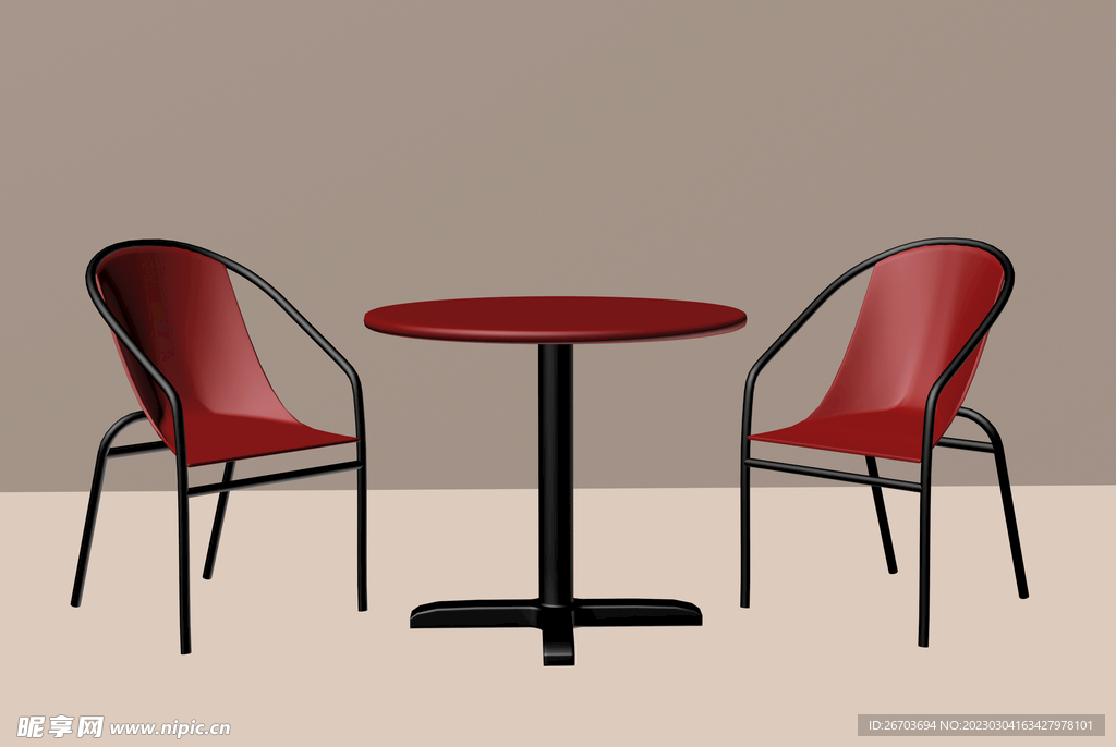红色圆桌子椅子3D模型