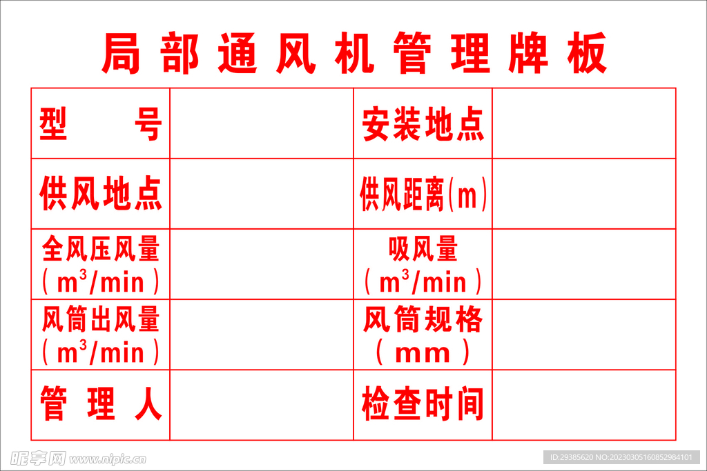 局部通风机管理牌板