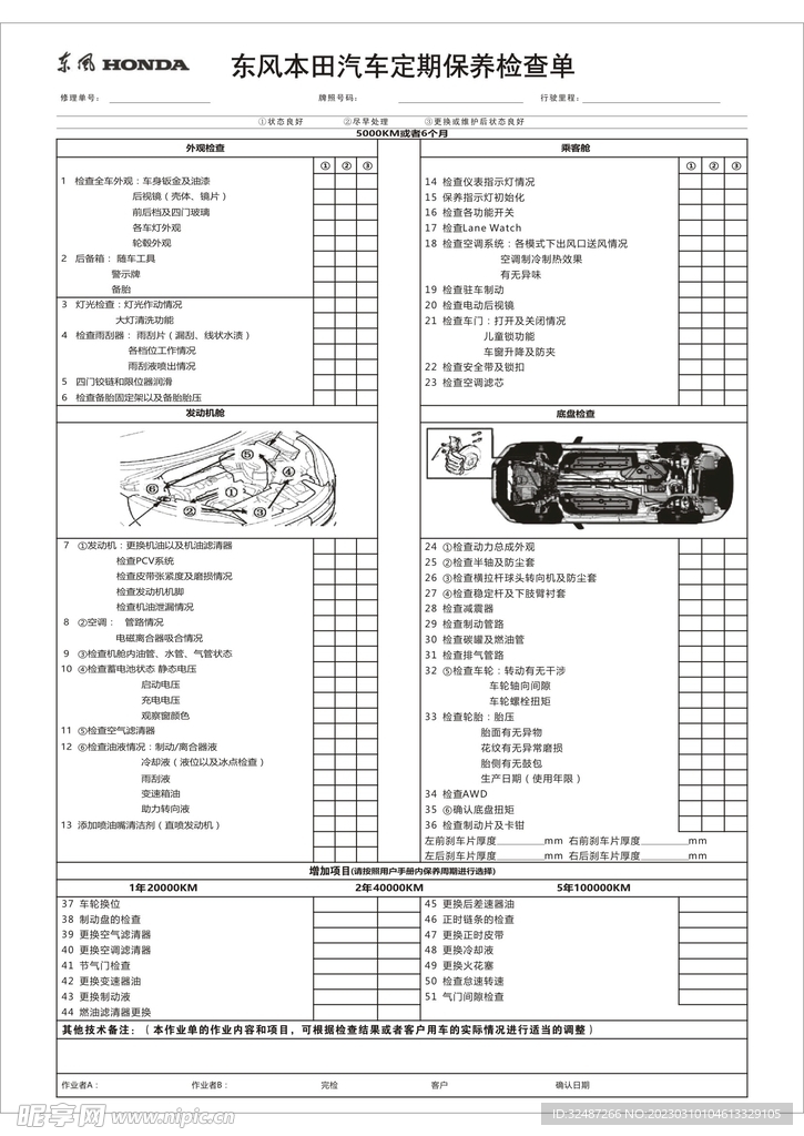 东风本田定期保养检查单