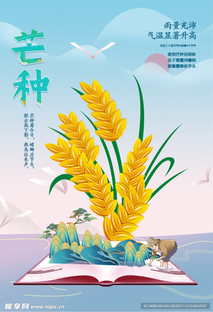 夏季芒种插画海报金黄麦穗丰收