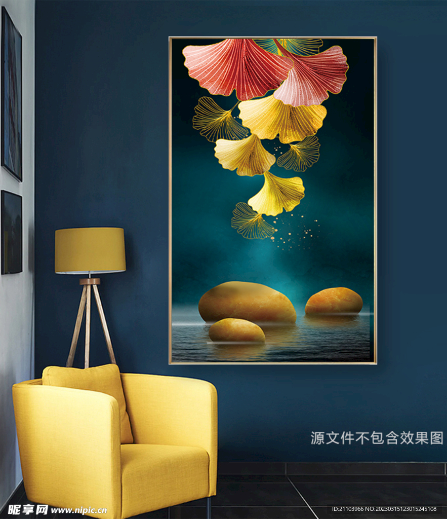中式银杏叶山水装饰画