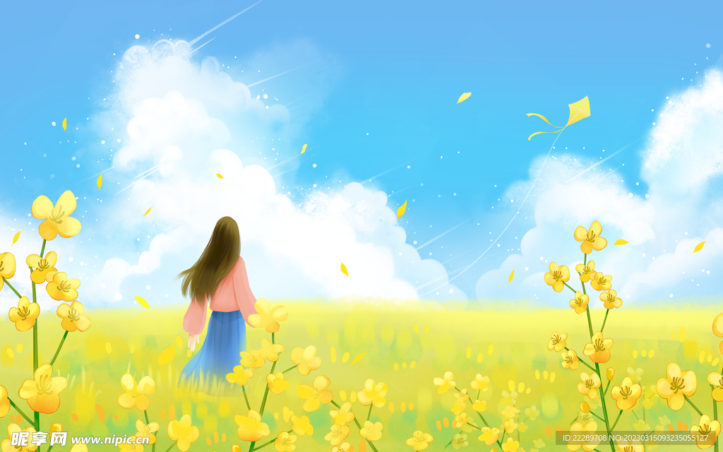 卡通油菜花田风景图