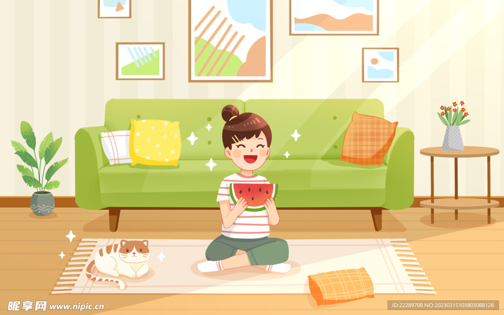 卡通小女孩在客厅玩耍