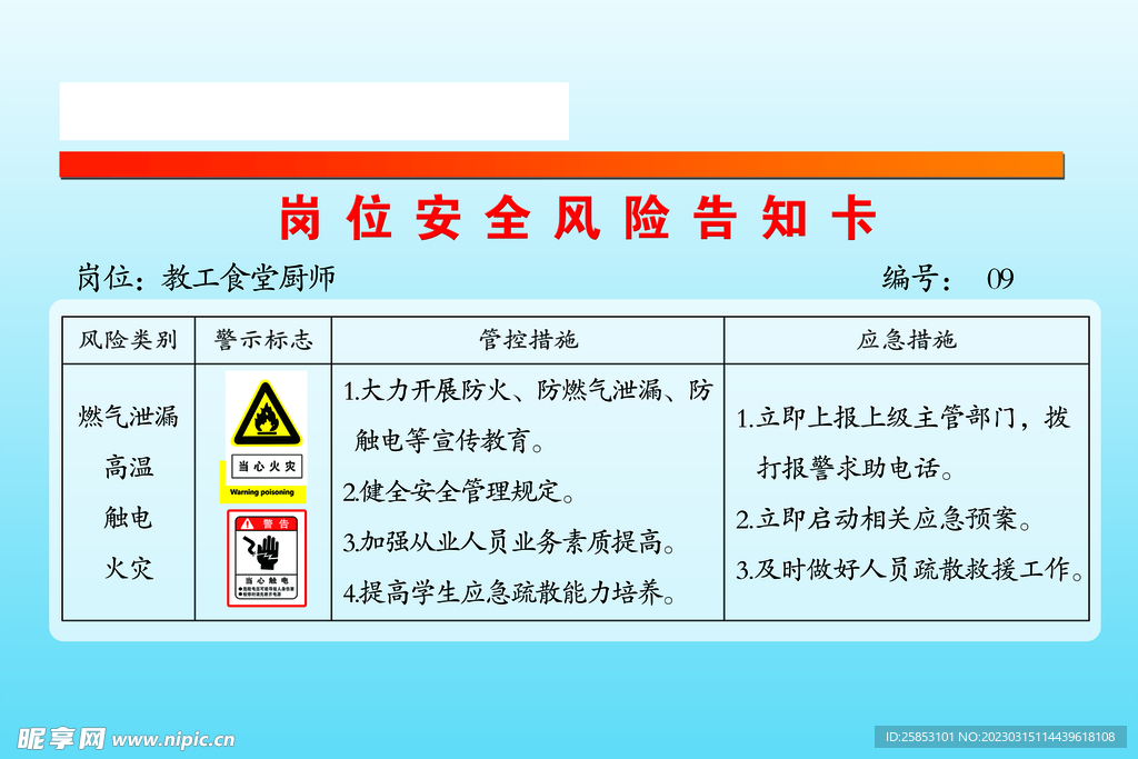 教工食堂厨师岗位安全风险告知卡