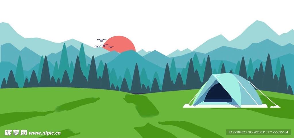 手绘创意绿色户外风景露营