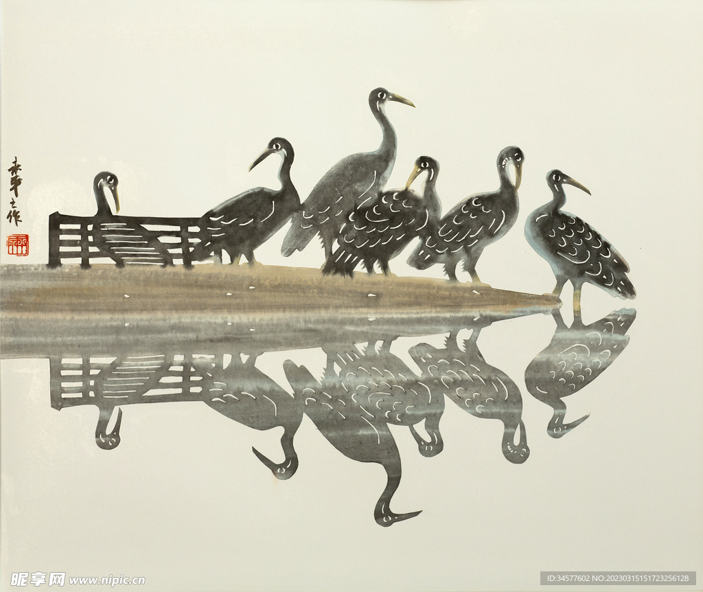 水彩画 溪水与鸟