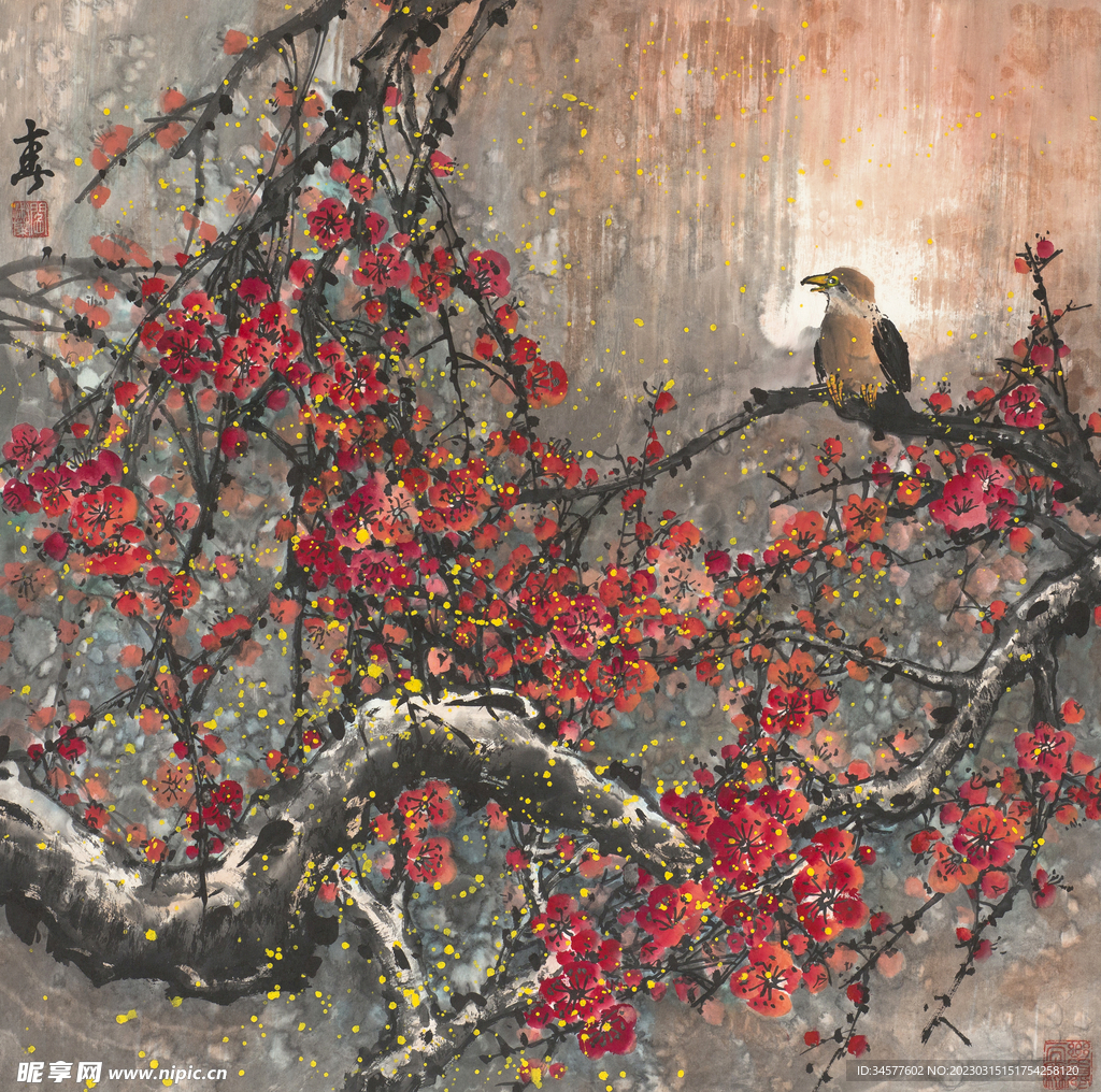 水彩画 红梅与鸟