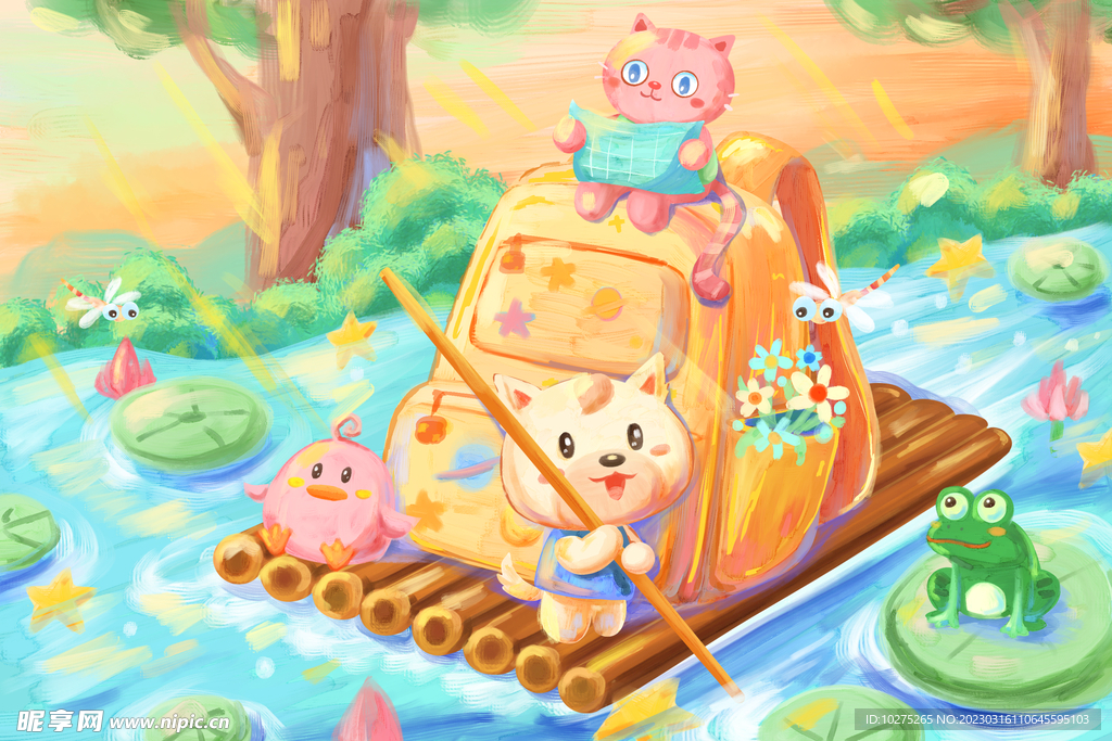 春天划竹筏旅行的小动物插画