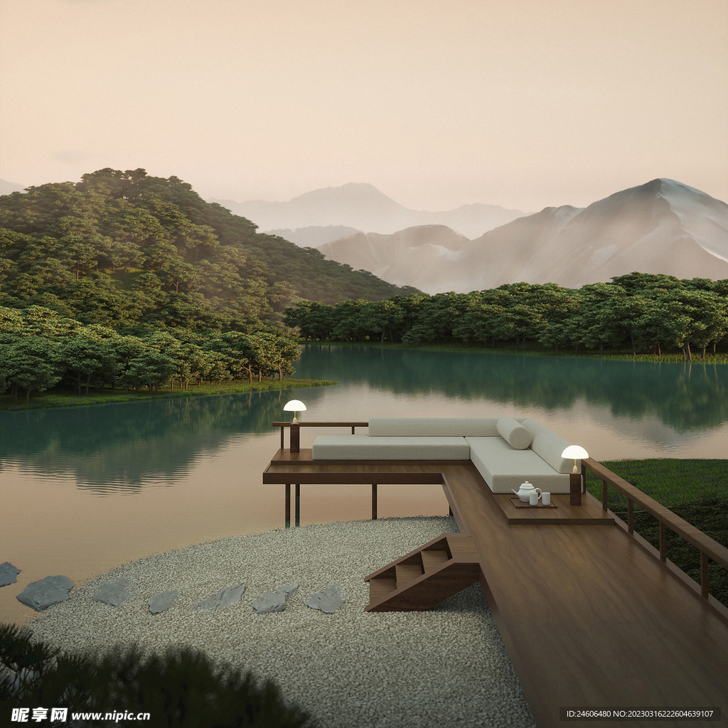 山 湖 河岸