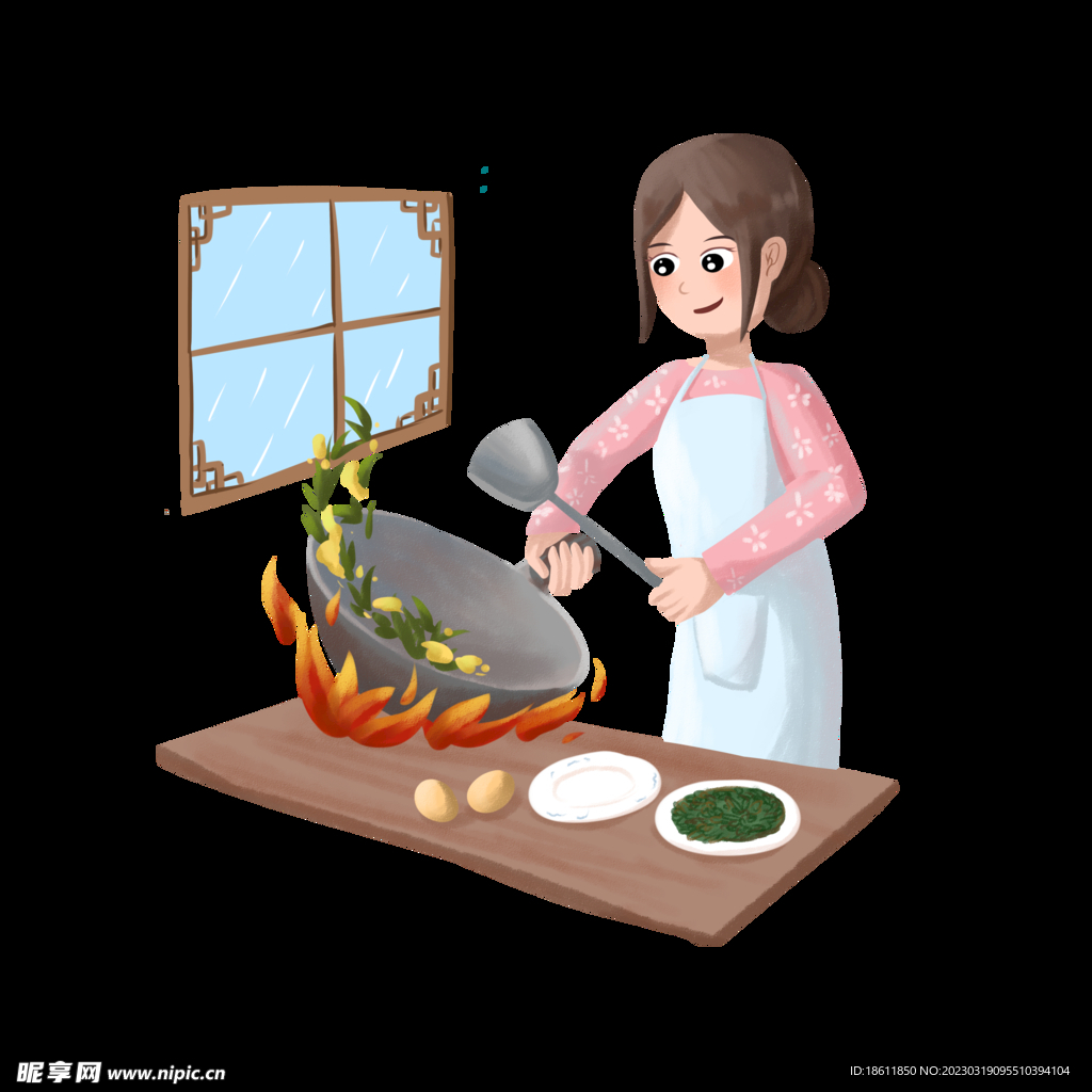 美丽的女人在厨房炒菜插画图片素材_ID:359957501-Veer图库
