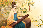中国风弹古筝的古代女子古风插画
