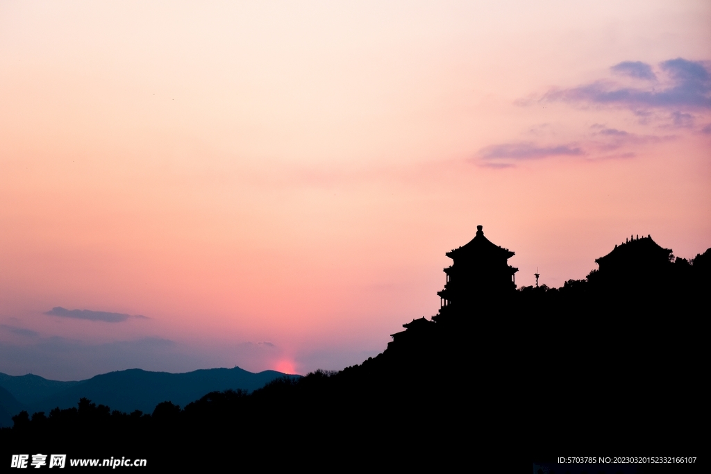 颐和园建筑剪影 晚霞 夕阳