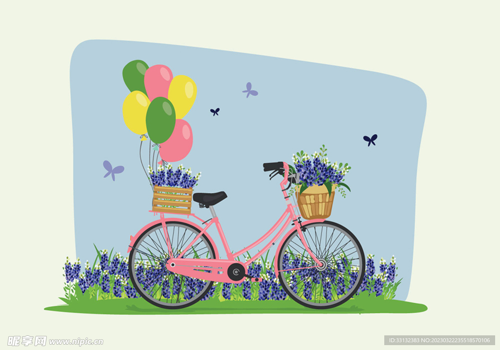 春天背景 矢量自行车车筐气球