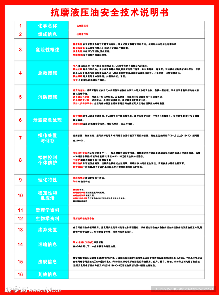 抗磨液压油安全技术说明书